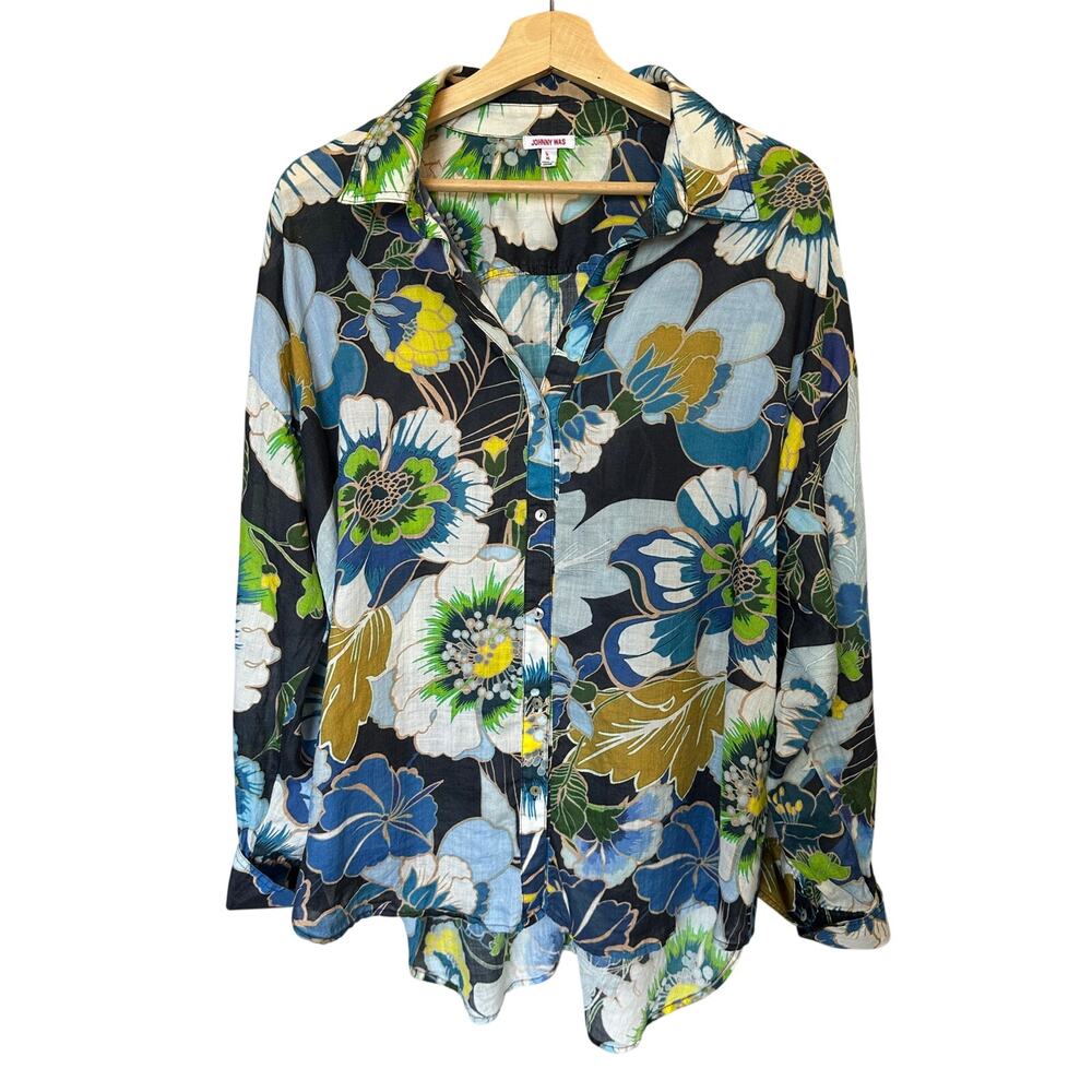 Johnny Was Blue Floral Ling Button Down Top 100% Ramie Size XL